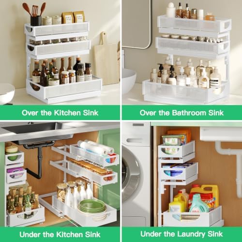 Under Sink Organizer, 2-Pack 3-Tier Pull Out Cabinet Organizers and Storage