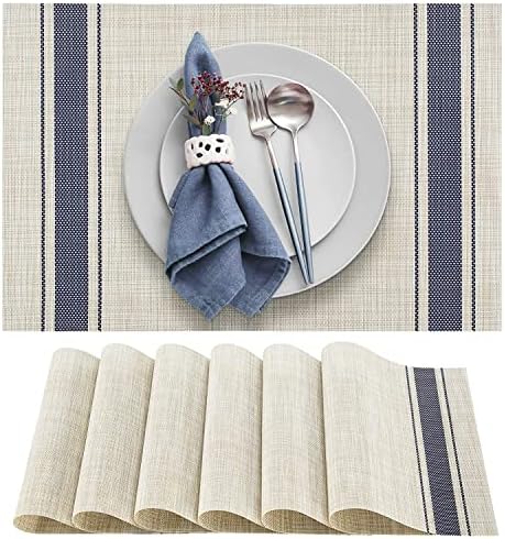 DACHUI Placemats Set of 6, Soft Woven Vinyl Place Mats (Blue Stripes)