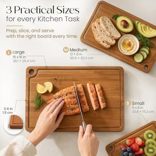 3-Piece Bamboo Cutting Boards - Large Wood Cutting Boards for Kitchen