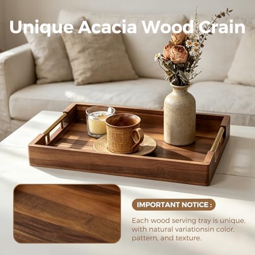 Acacia Wood Serving Tray with Golden Handles, 17" Wooden Tray for