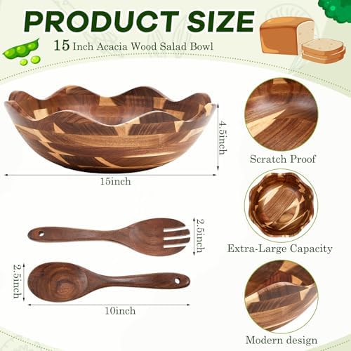Geiserailie 15 Inches Scalloped Acacia Wood Salad Bowl Set, Serving