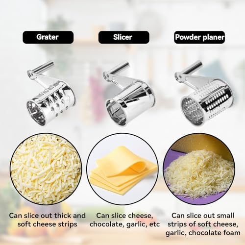 Rotary Cheese Grater, Stainless Steel, 3 Drum Blades