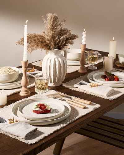 Stoneware Dinnerware Sets for 8, Reactive Glaze Plates & Bowls, Shell Beige