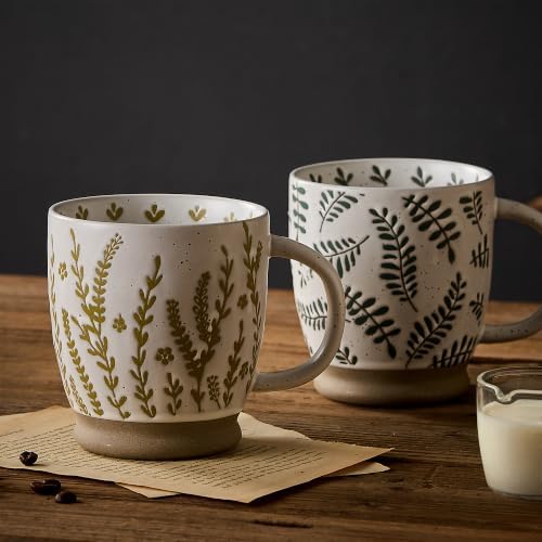 18 Oz Large Ceramic Coffee Mug Set of 2 - Rustic Handmade Floral Mugs