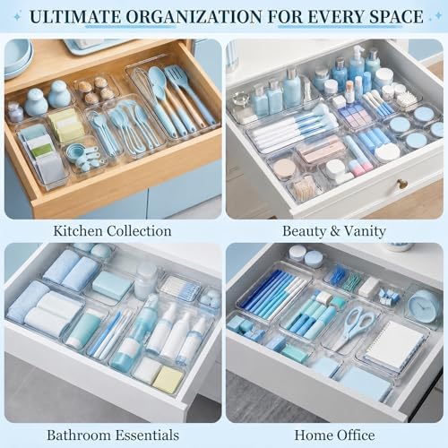 14 Pcs Expandable Clear Drawer Organizers, 3-Size Adjustable Storage