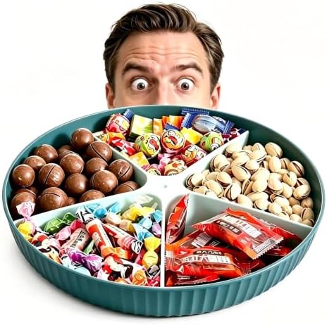 360° Rotating Snack Box with Lid, Divided Snack Tray Large Round