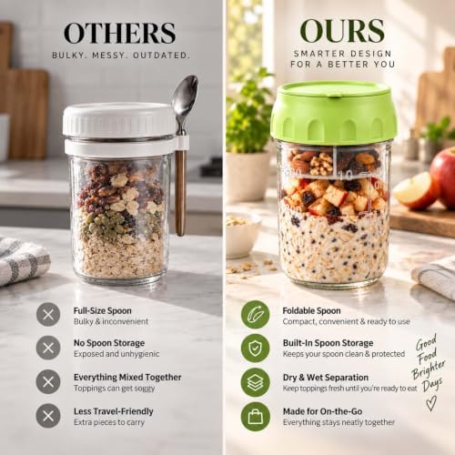 4 Pack Overnight Oats Containers with Lids, Spoons, Snack Cups & Steel