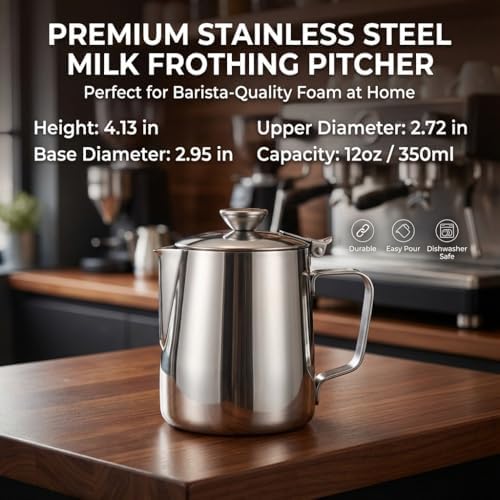 Milk Frothing Pitcher, 350ml (12oz), Stainless Steel Creamer with Lid