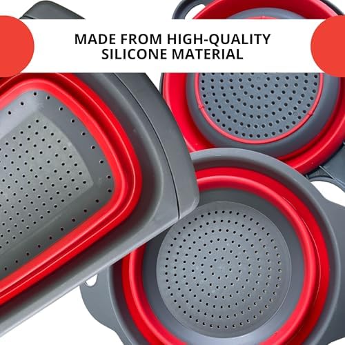 Set of 3 Red Food Strainer for Kitchen - Silicone Sieve Small Foldable