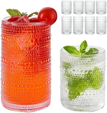 Vintage Hobnail Drinking Glasses Set of 8, Clear 16 oz Highball