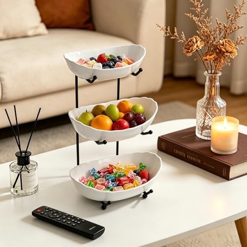 Ceramic Fruit Bowl for Kitchen Counter - 3 Tier Modern Fruit Basket Fruit Rack with Metal Stand, Tiered Fruit Stand for Snacks, Candy, Bread (Black)