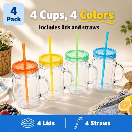 Plastic Mason Jars with Handles, Lids and Straws | 20 oz Double