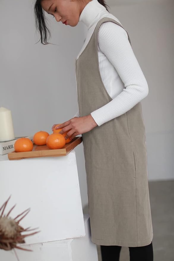 Cotton Linen Japanese Apron Halter Cross Back Bandage X Shape Aprons Two Pockets - Image 3