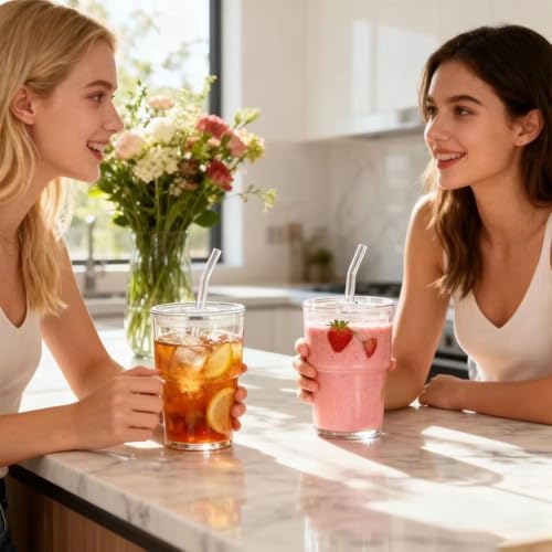 13oz Glass Tumbler with Straw and Lid, Leak Proof Iced Coffee Cup