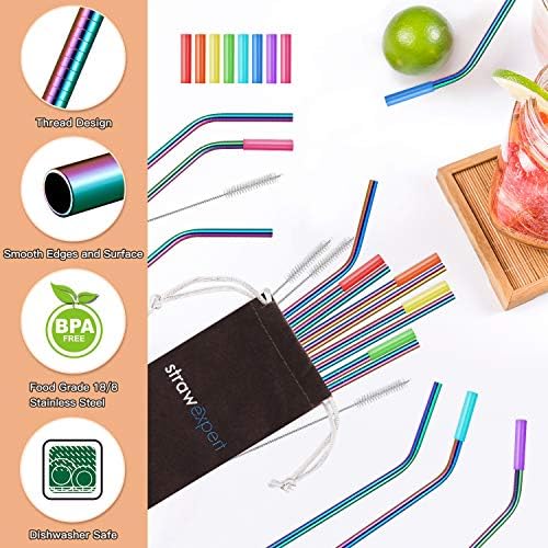 StrawExpert Set of 16 Reusable Stainless Steel Straws with Travel Case