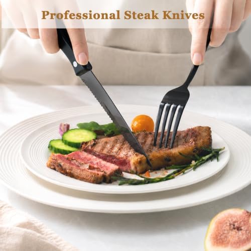 Astercook 24-Piece Black Silverware Set with Steak Knives Flatware Set