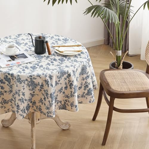 Cotton Linen Round Tablecloth, Blue Floral Table Cloth Round 47"