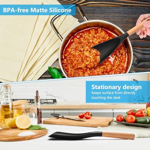【2 Pack】Silicone Cooking Spoon for Nonstick Cookware - Wooden Handle