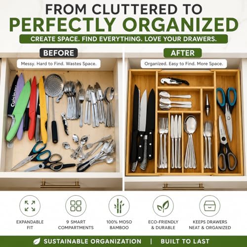 Tiny Earth Threads Bamboo Expandable Drawer Organizer – 9 Compartments