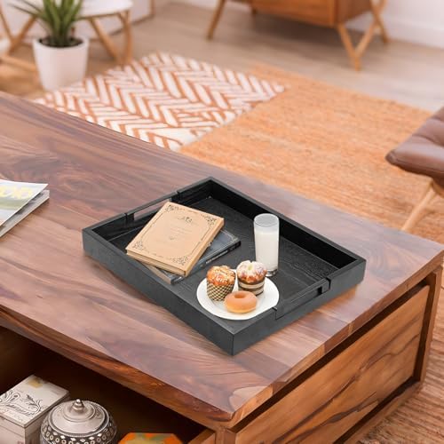 Large Black Solid Wood Decorative Ottoman Tray, 17 x 13 x 2 Inches