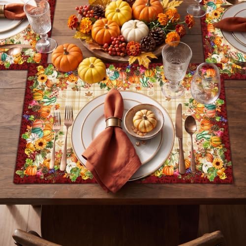 Double Sided Fall and Halloween Linen Placemats Set of 4, 12"x18"