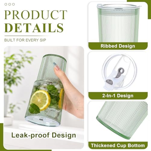 4 Pcs 20oz Plastic Ribbed Tumblers with Lid and Straws Green Plastic