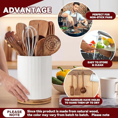 SiliFine 11 Pcs Wood Kitchen Utensils Set, 360° Rotating Holder, White