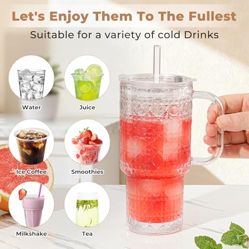 17oz Water Glass Tumbler with Handle & Lid Coasters, Reusable Iced