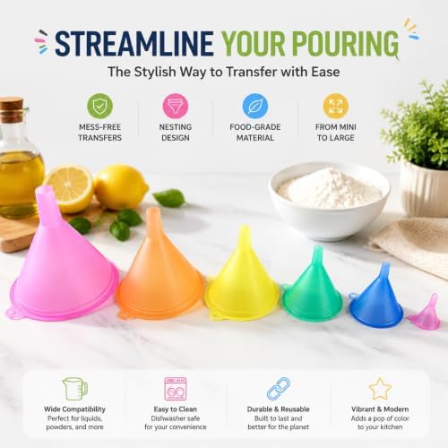 6 Pcs Plastic Funnel Set for Kitchen, All Purpose, Multicolor
