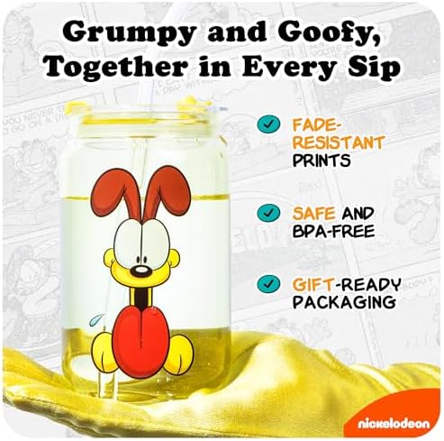 Dragon Glassware x Garfield Glass Cups with Straws & Lids, 16 oz Set