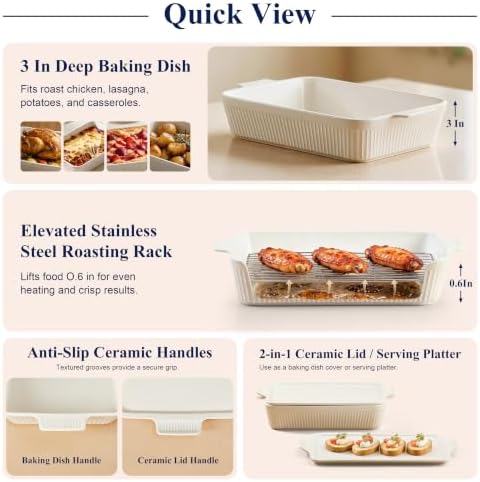 Frewinky 9x13 Ceramic Baking Dish with Lid and Roasting Rack, White