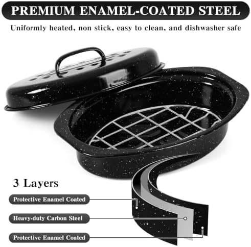 13 Inch Small Roasting Pan with Lid and Rack, Enamel Carbon Steel Roaster Pan, High Temperature Resistance and Dishwasher Safe, Cookware for Small Poultry & Vegetables