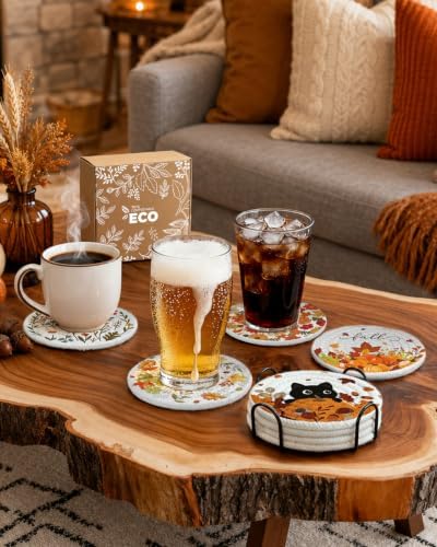 4Pcs Braided Cotton Fall Coasters with Holder, Wild Floral