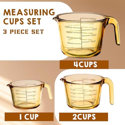 Domensi 3 Pack Glass Measuring Cups 1, 2 & 4 Cup, Measuring Cups for