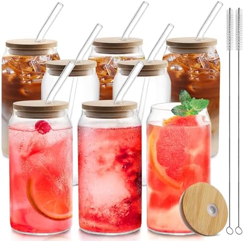 8pcs 20oz Glass Cups with Bamboo Lids and Straws,Iced Coffee Cups with