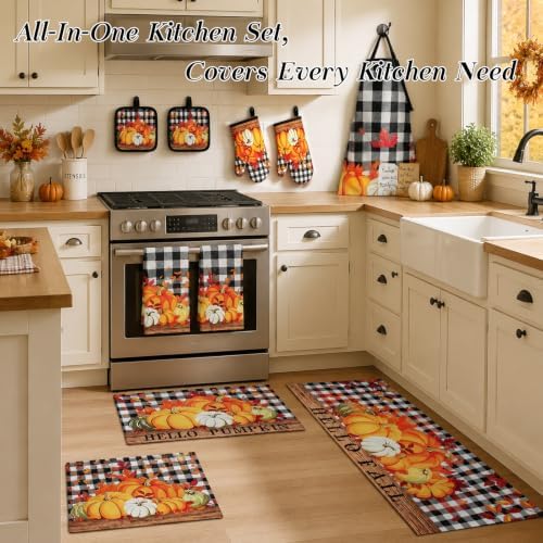 Fall Kitchen Rug Sets, 10Pcs Pumpkin Kitchen Decor and Accessories