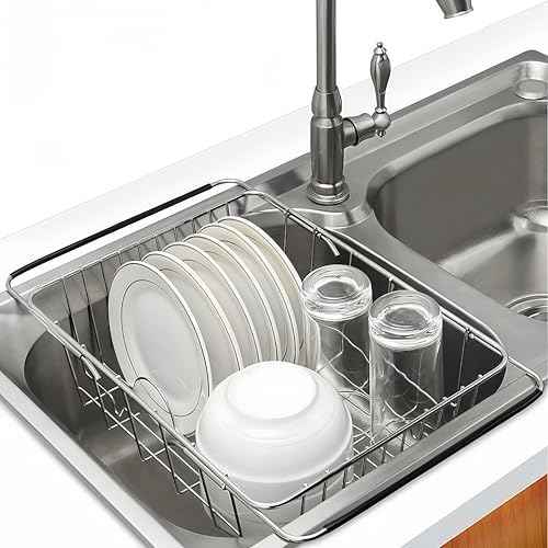 Expandable Dish Drying Rack, Rustproof Stainless Over Sink Dish Drainer Rack Basket Shelf, 304 Stainless Steel Metal Dish Drainer in Sink or On Counter Organizer Dish Dryer Rack for Inside Sink