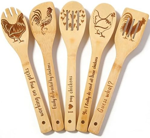 Chicken Wooden Spoons for Cooking, 5 PCS Engraved Kitchen Utensils Set
