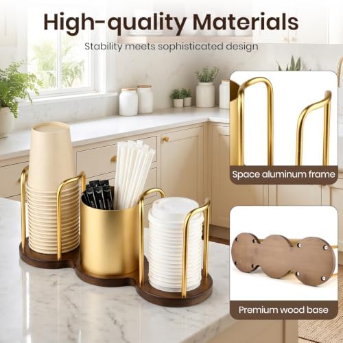 Coffee Cup Dispenser, Straw and Stirrer Storage, Gold, S