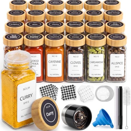 24 Pack Glass Spice Jars: 492 Lables & Pepper Grinder & Bamboo Lids