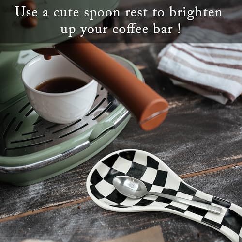 BIEN BEAU Ceramic Spoon Rest, Checkered Utensil Holder, Black White