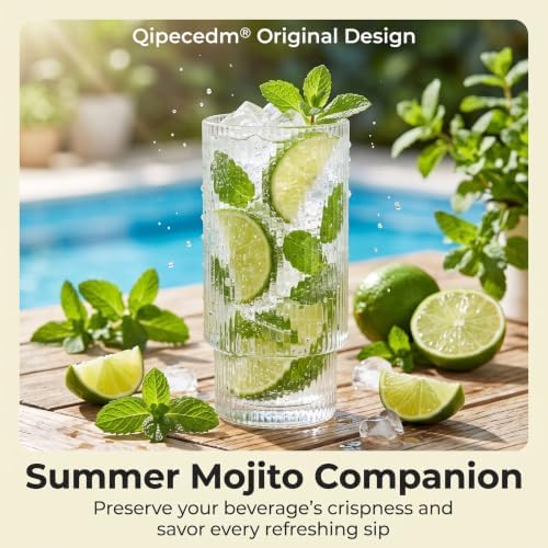 Qipecedm® 6 Pack Ribbed Drinking Glasses, 16 oz Vintage Glass Cups