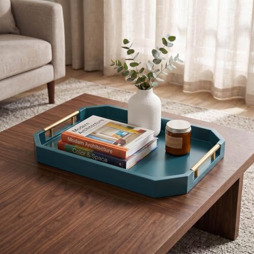 Decorative Wood Serving Tray with Polished Gold Handles, Octagon MDF
