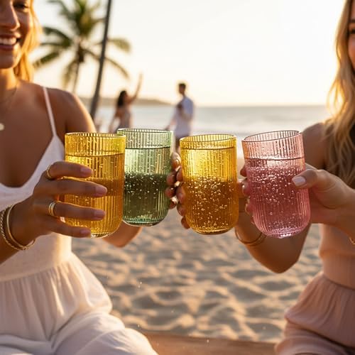 Set of 8 Dopamine-colored-match Ribbed Glassware,4 Highball Glasses