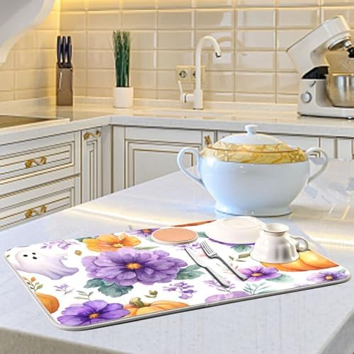 OTVEE Halloween Purple Art Dish Drying Mat for Kitchen Counter
