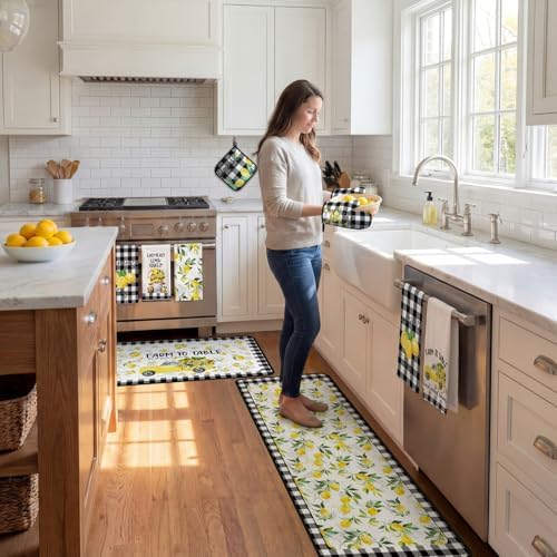 Fourluoo 10 Pcs Lemon Kitchen Decor Set Black Plaid Yellow Lemon