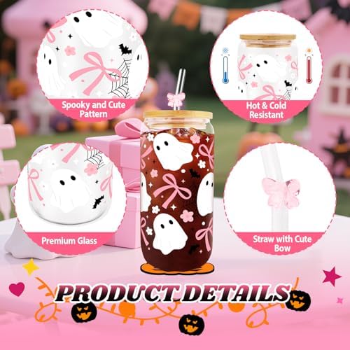 Halloween Glass Cups with Lids and Straws, Cute Halloween Gifts Basket
