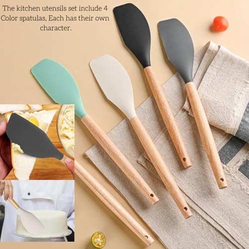 LorisArm Large Wooden Handle Spatula Set, 12" Rubber Spatula 4-Pack
