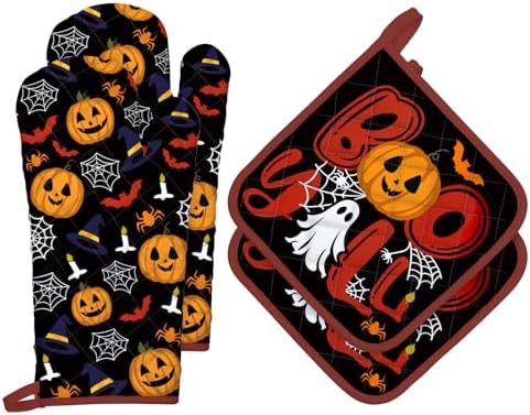 Halloween Pumpkin Oven Mitt and Pot Holder Set, 4-Piece, Cotton