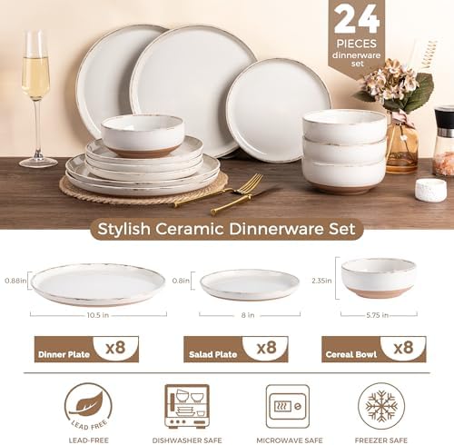 AmorArc Dinnerware Sets for 8, 24 Pieces Ceramic Plates and Bowls Set
